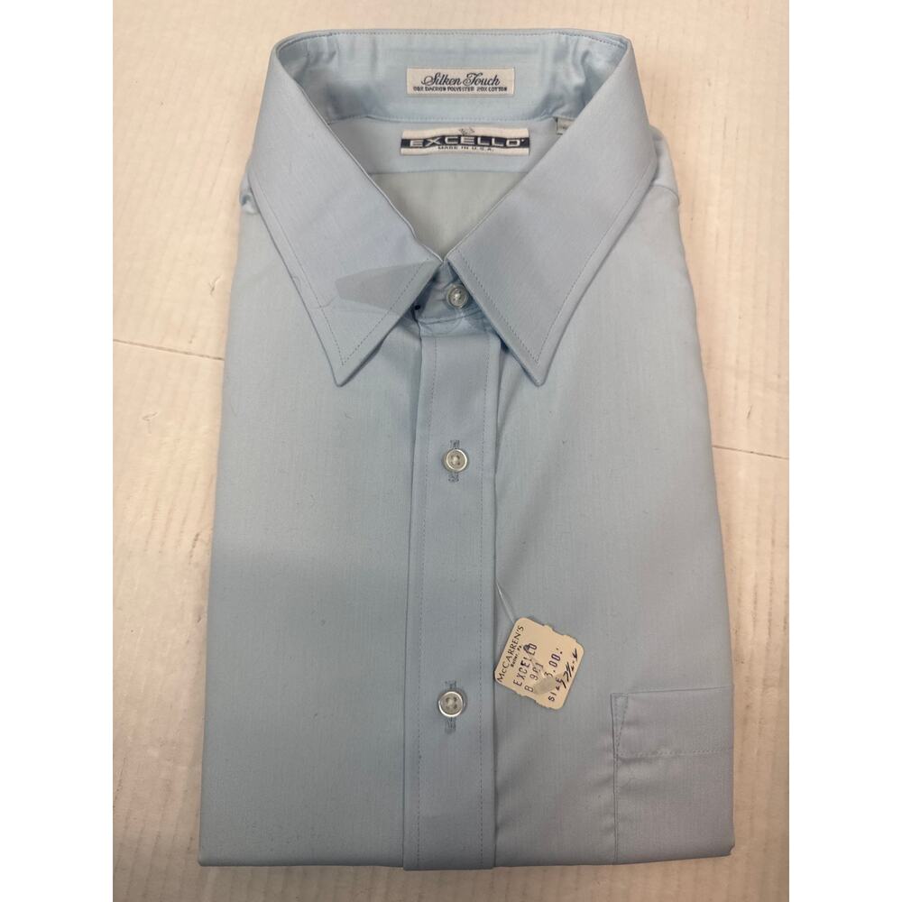 Excello Long Sleeve Disco Dress Shirt Blue Silken Touch Vintage Size 17.5 34 NWT